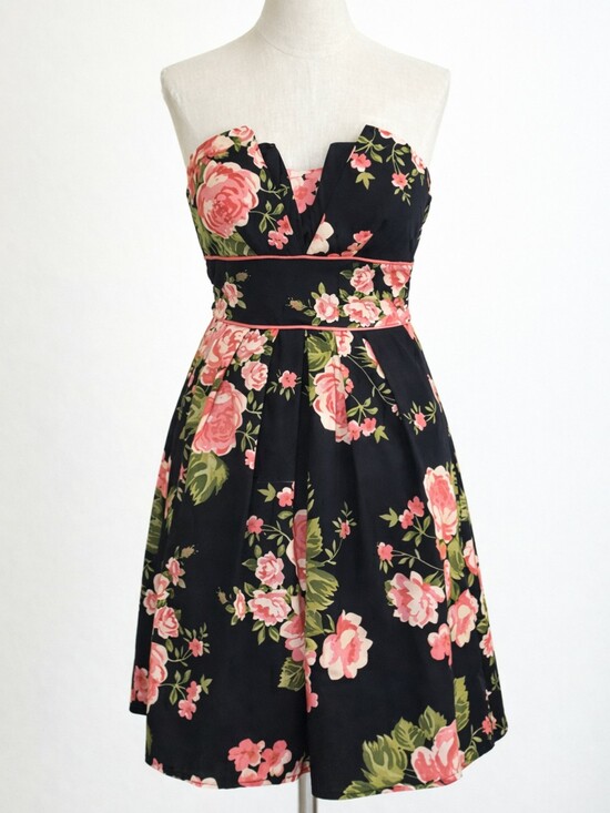 Vintage Dresses & Skirts - Vintage 90's Strapless Black Coral Pink Floral Dress Romantic Cottagecore | XS